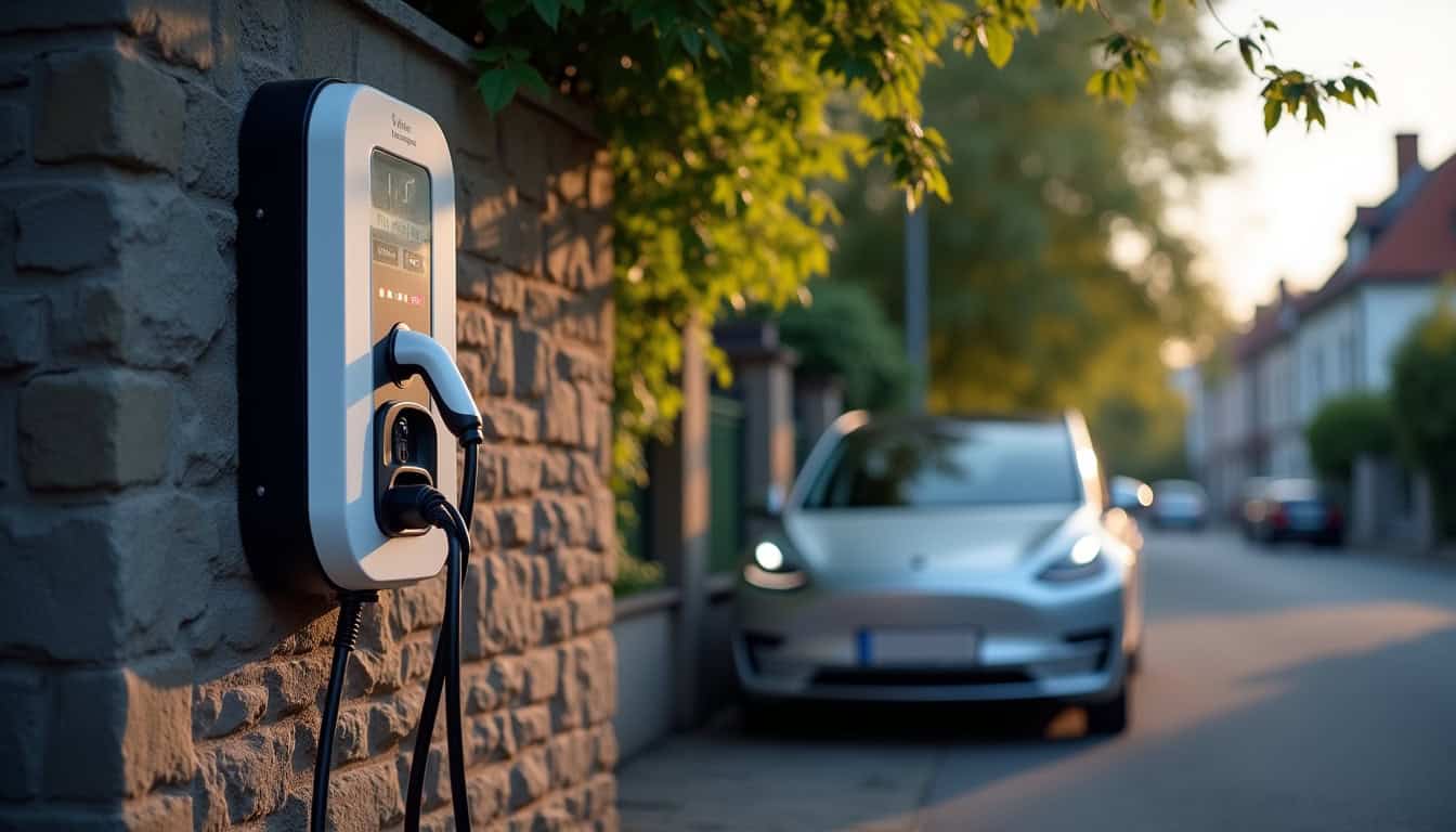 Borne de recharge électrique installée à Uffheim, vue de l’équipement raccordé à un véhicule en stationnement