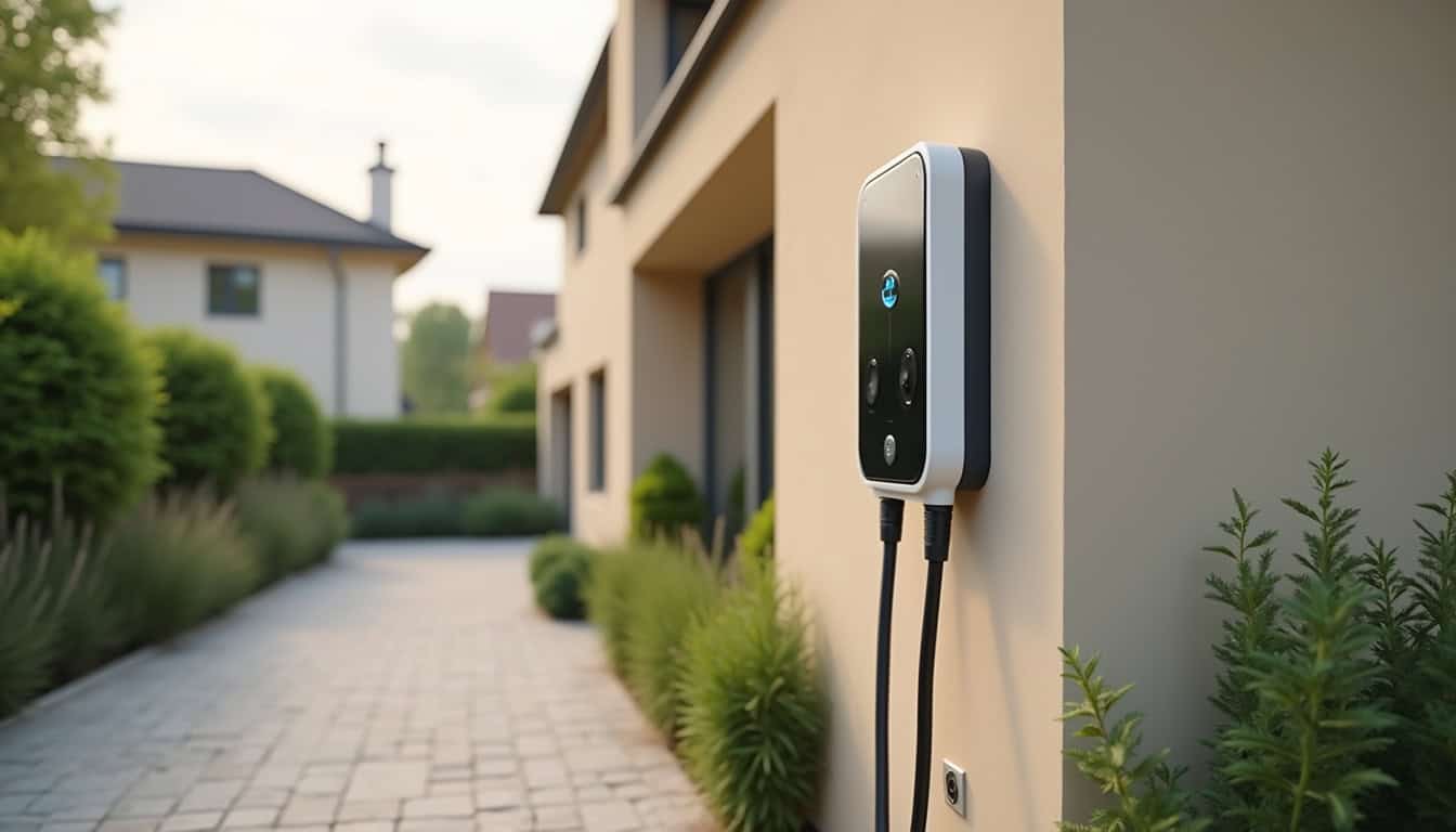 Borne de recharge électrique installée au mur extérieur d