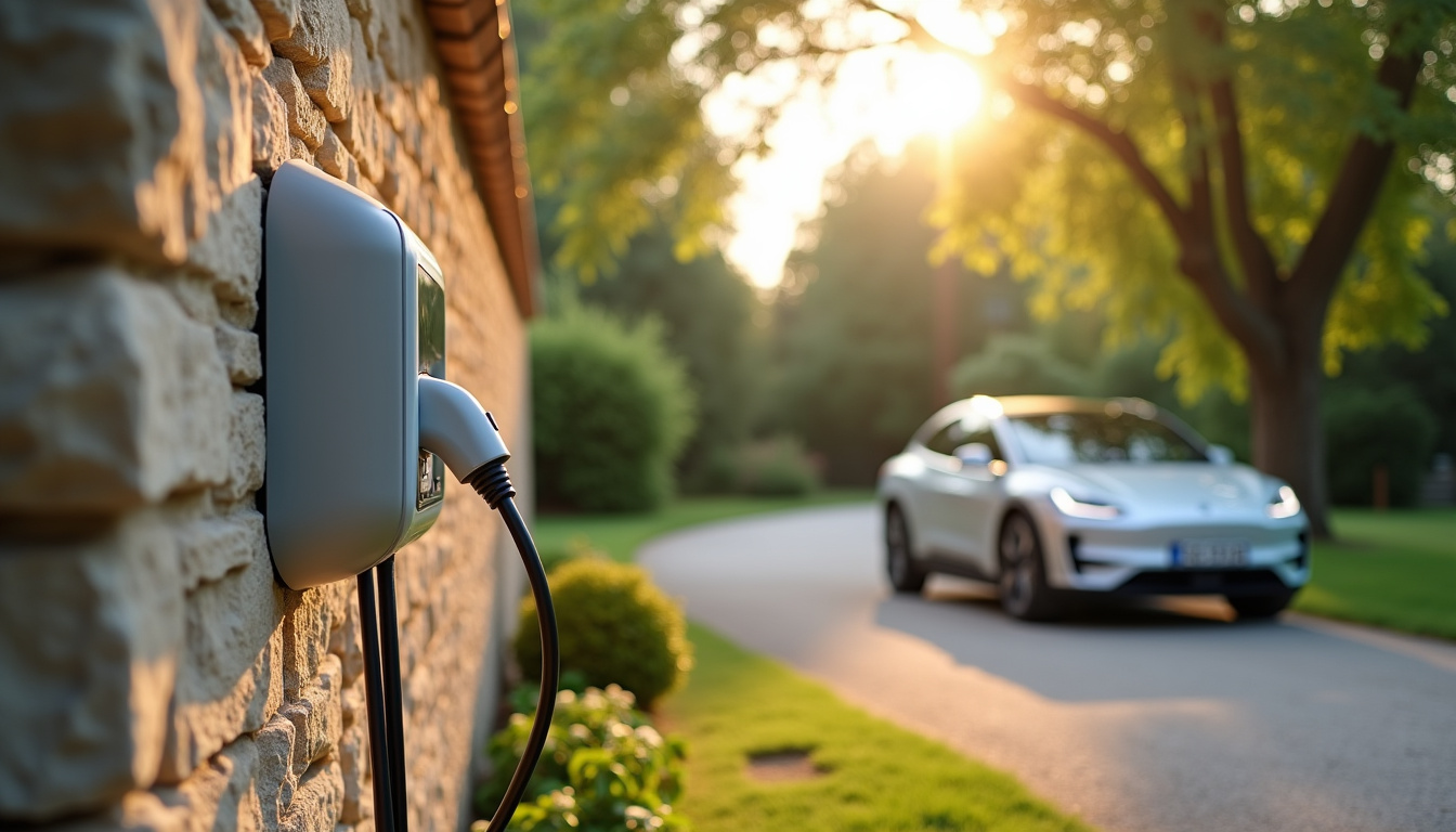 Borne de recharge électrique installée contre un mur extérieur dans une maison à Tramayes