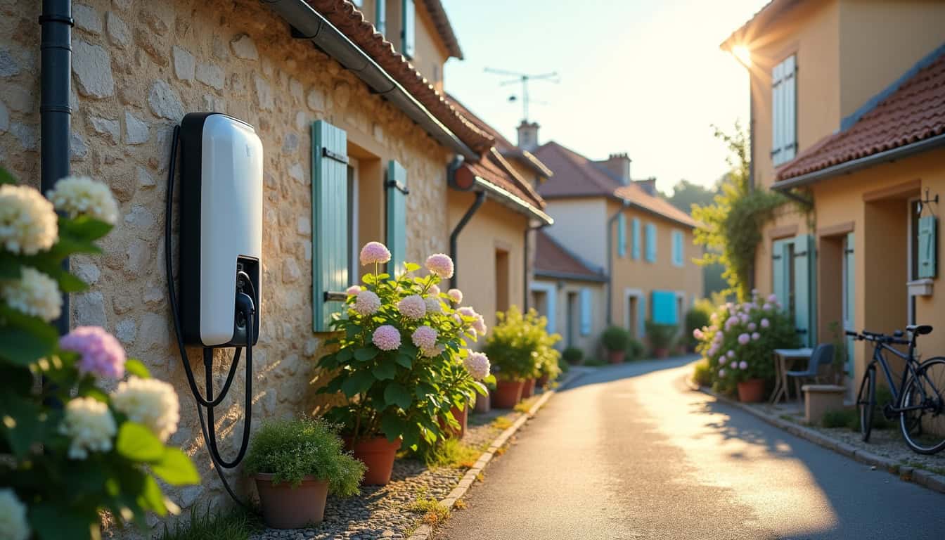 Borne de recharge électrique installée dans un environnement de petite ville, type Brette-les-Pins