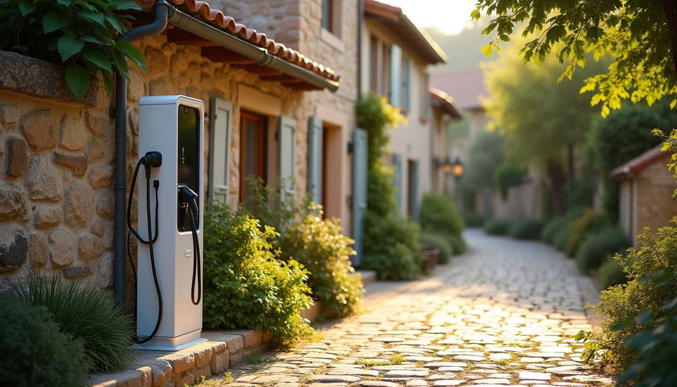 Borne de recharge électrique installée dans un environnement rural typique, entourée de végétation et de bâtiments anciens