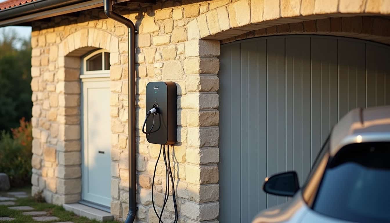 Borne de recharge électrique installée dans un garage à Ambérieux-en-Dombes