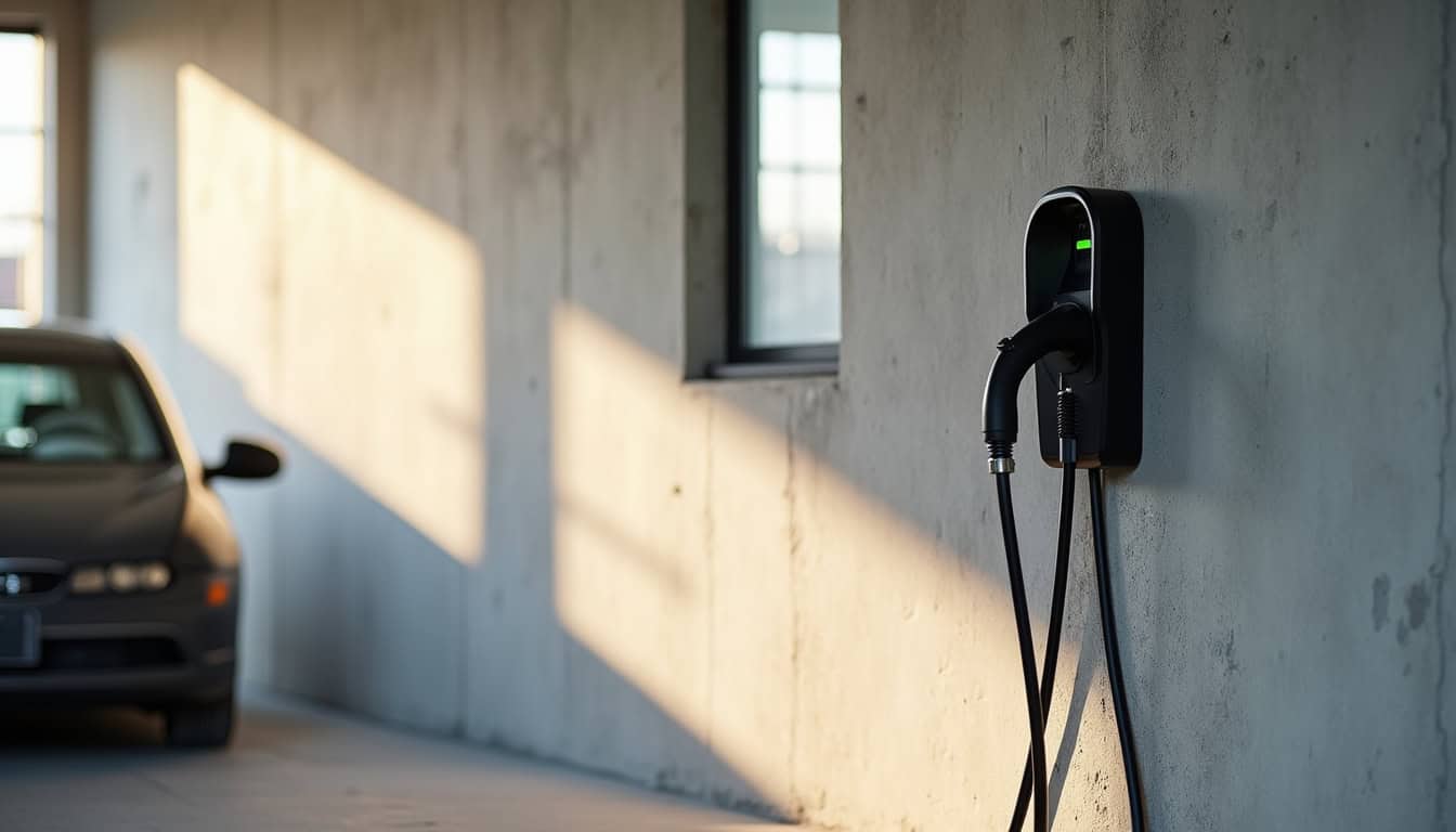 Borne de recharge électrique installée dans un garage à Cholet en plein jour