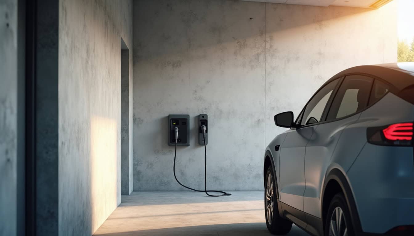 Borne de recharge électrique installée dans un garage à Goupil-Othon