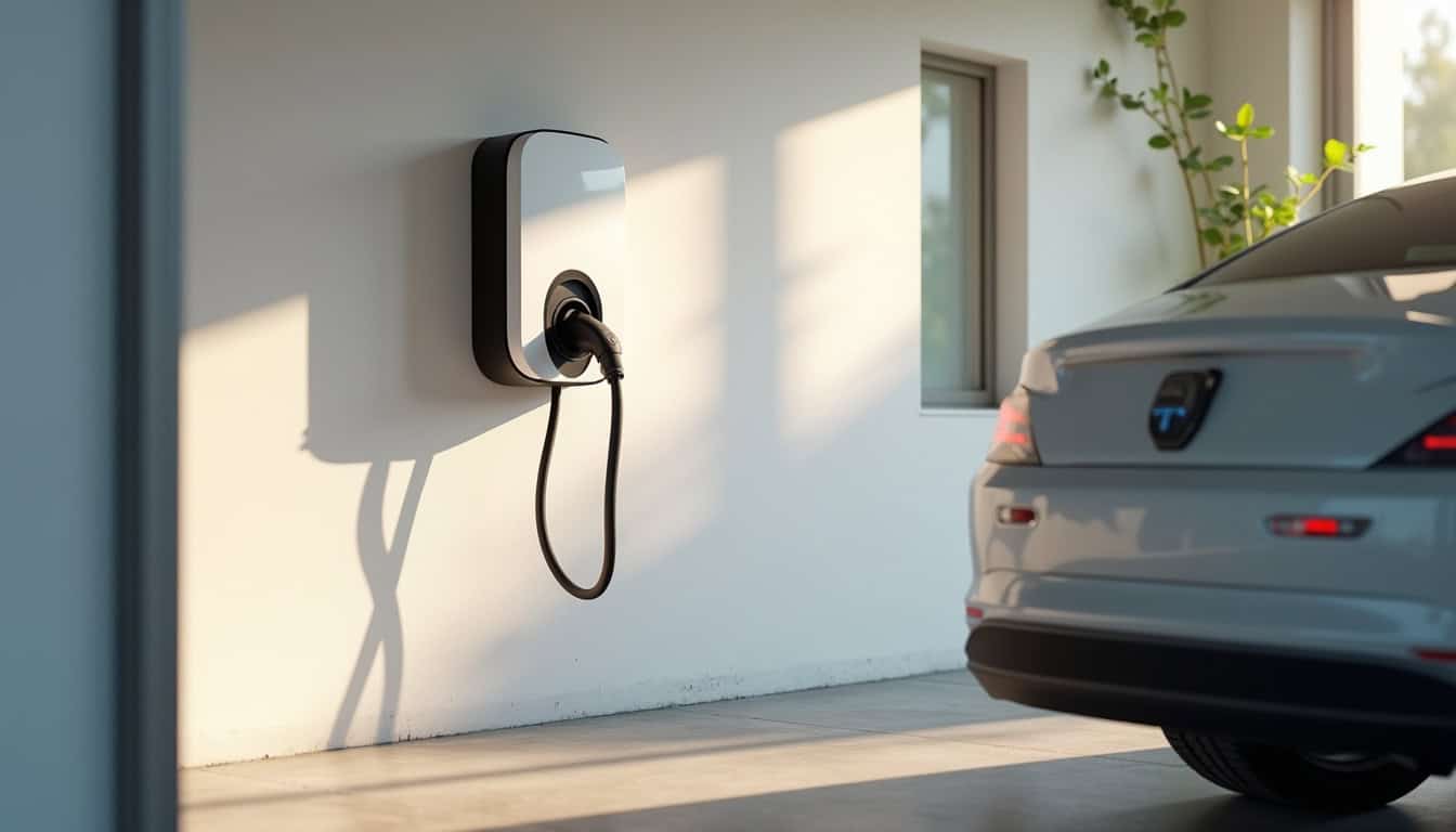 Borne de recharge électrique installée dans un garage à la lumière du jour