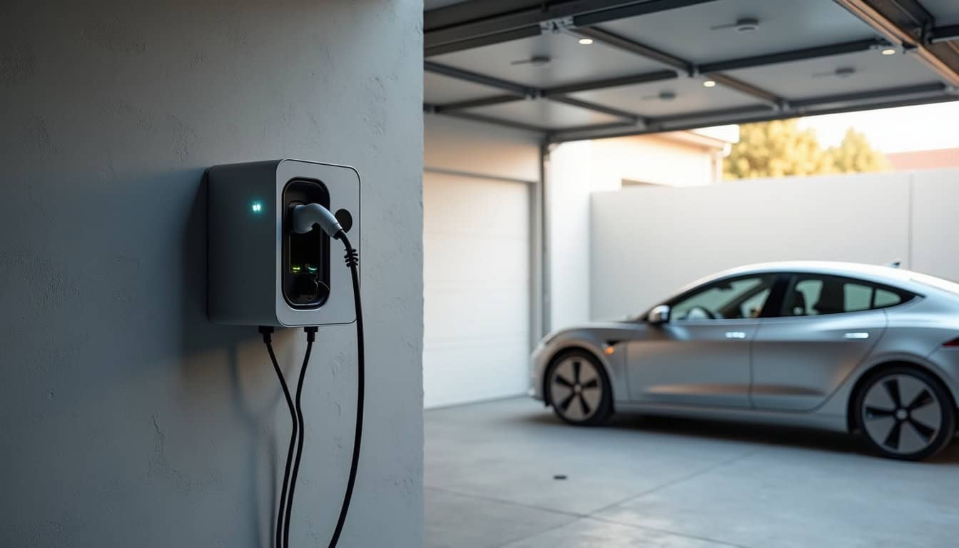 Borne de recharge électrique installée dans un garage à Les Alluets-le-Roi