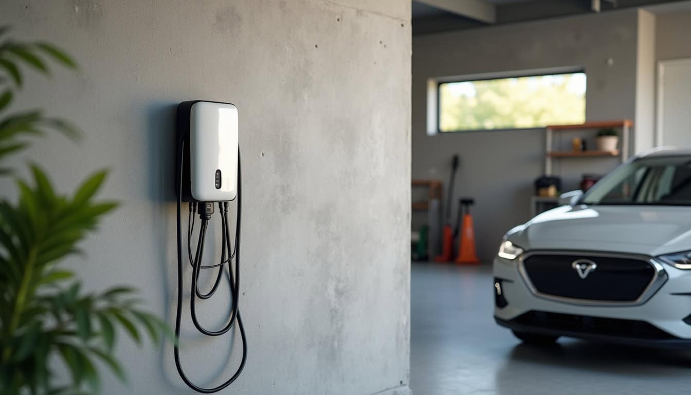 Borne de recharge électrique installée dans un garage à Notre-Dame-des-Landes