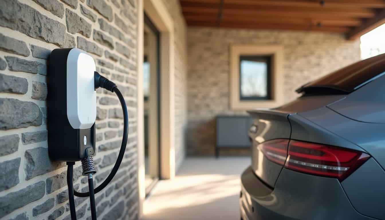 Borne de recharge électrique installée dans un garage à Quimper