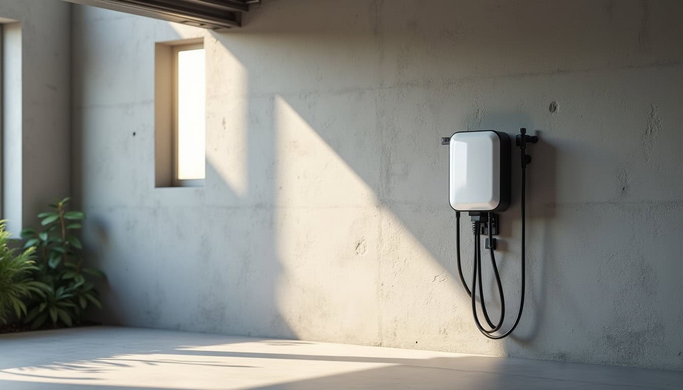 Borne de recharge électrique installée dans un garage à Saint-Lambert-la-Potherie en plein jour