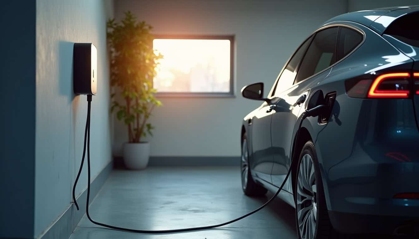 Borne de recharge électrique installée dans un garage à Sixt-sur-Aff, montrant un câble connecté à une voiture électrique