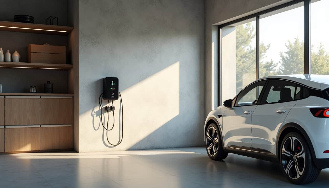 Borne de recharge électrique installée dans un garage à Virazeil en pleine journée