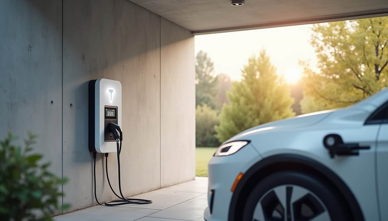 Borne de recharge électrique installée dans un garage de maison individuelle à Saint-Jacut-les-Pins