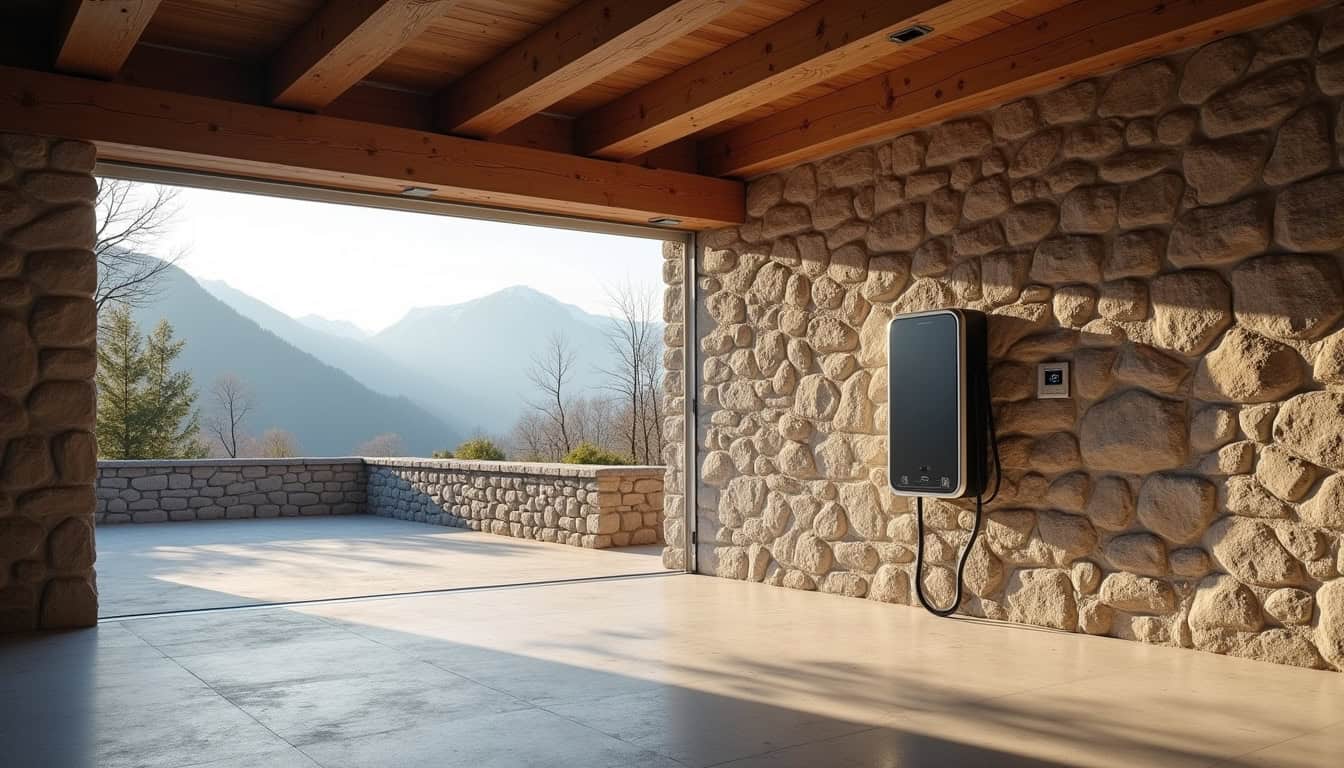 Borne de recharge électrique installée dans un garage extérieur à Bagnères-de-Luchon