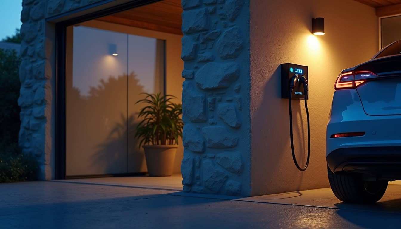 Borne de recharge électrique installée dans un garage privé à Fécamp, vue de nuit
