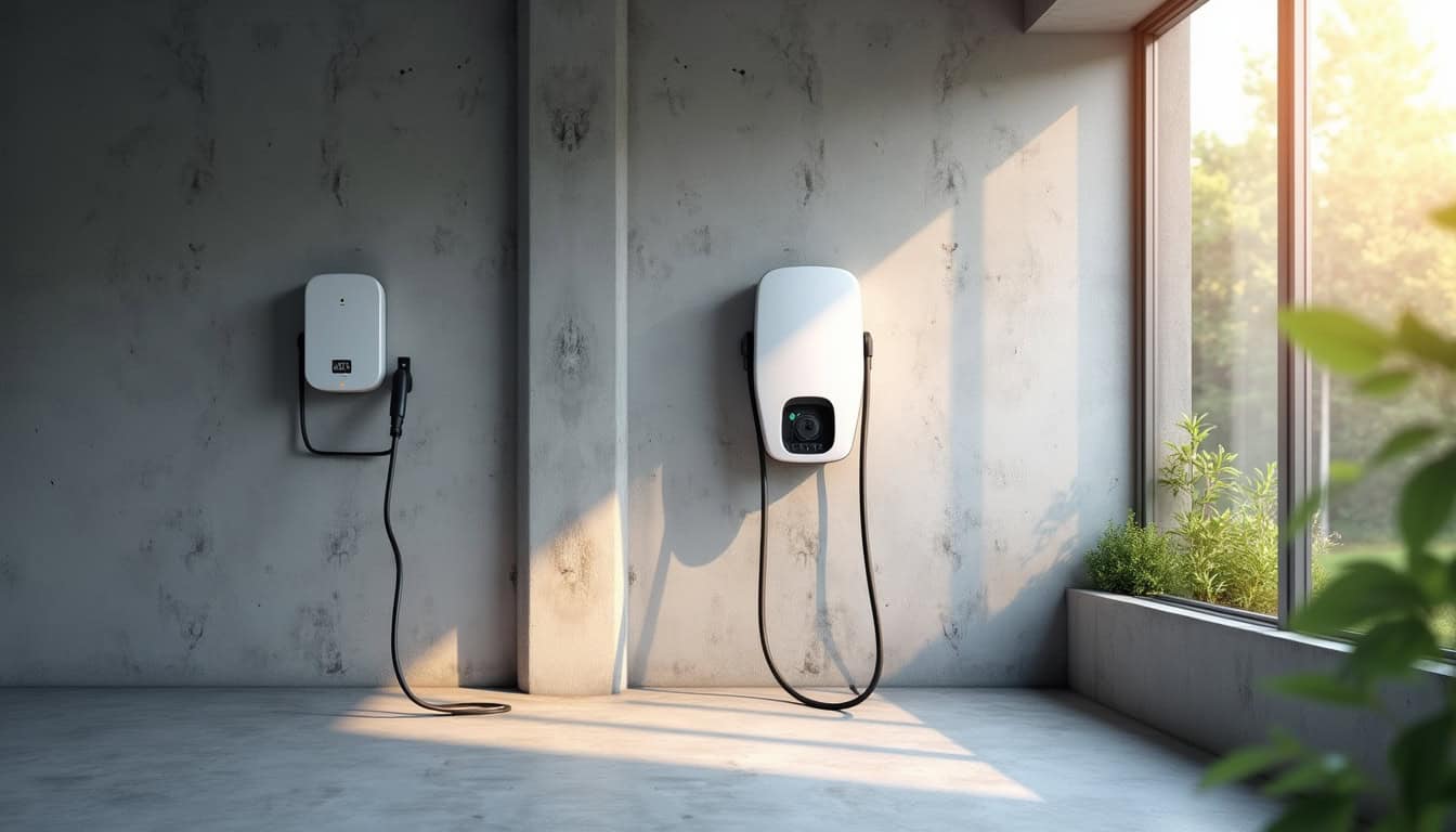 Borne de recharge électrique installée dans un garage résidentiel à Méry-Bissières-en-Auge pendant la journée