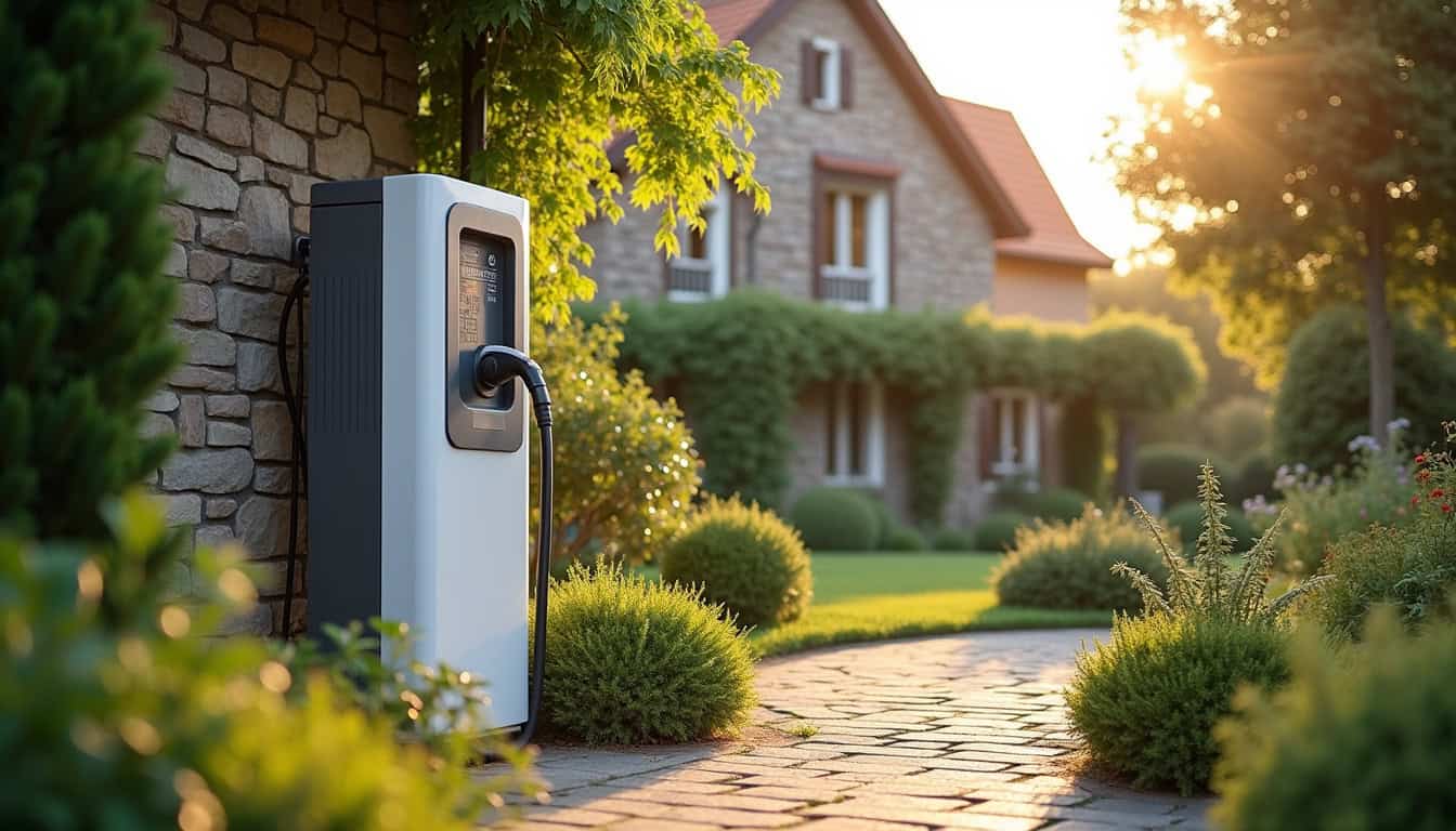 Borne de recharge électrique installée dans un jardin à Andlau, en milieu urbain semi-rural