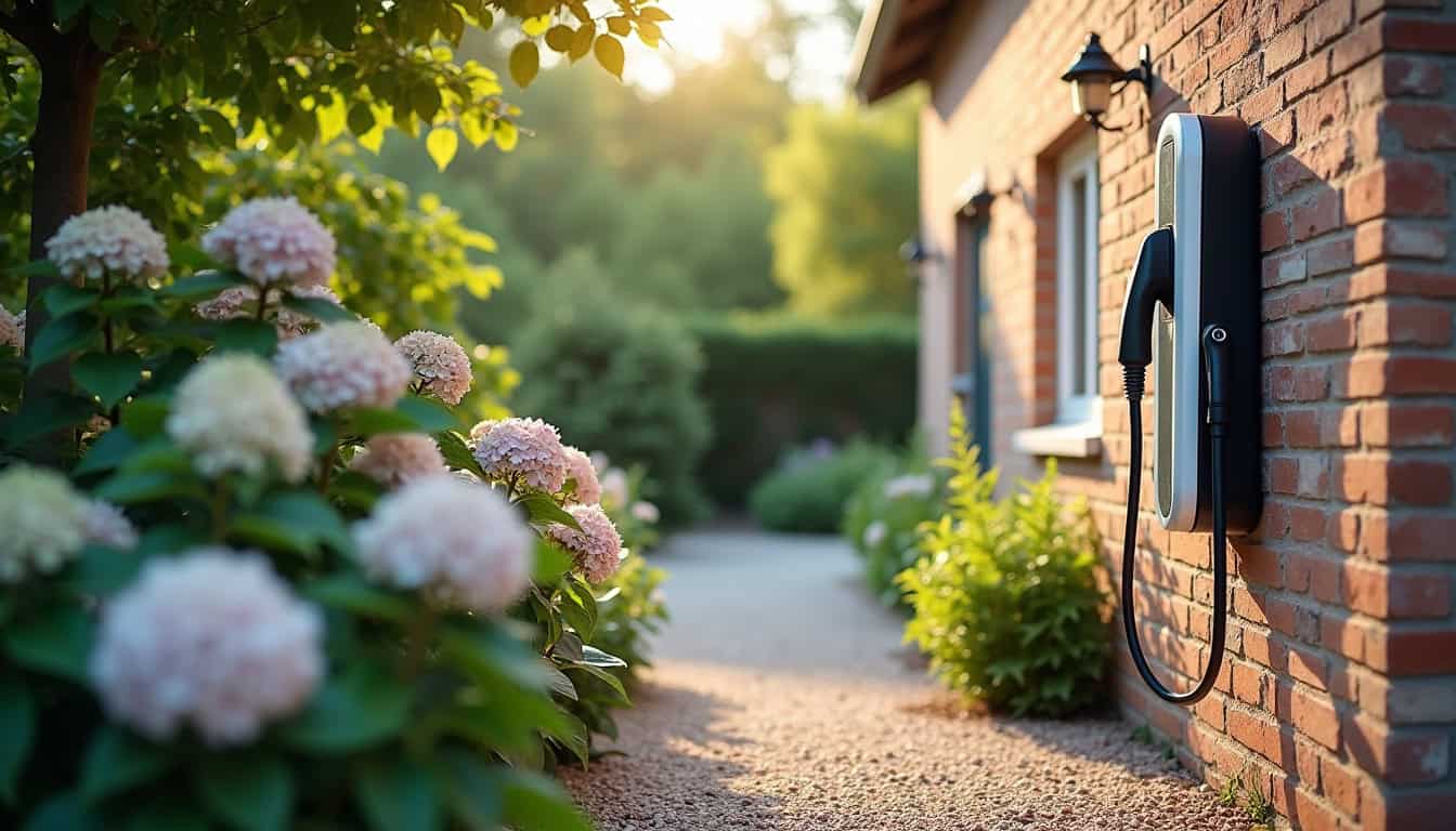 Borne de recharge électrique installée dans un jardin à Bailleul-Sir-Berthoult