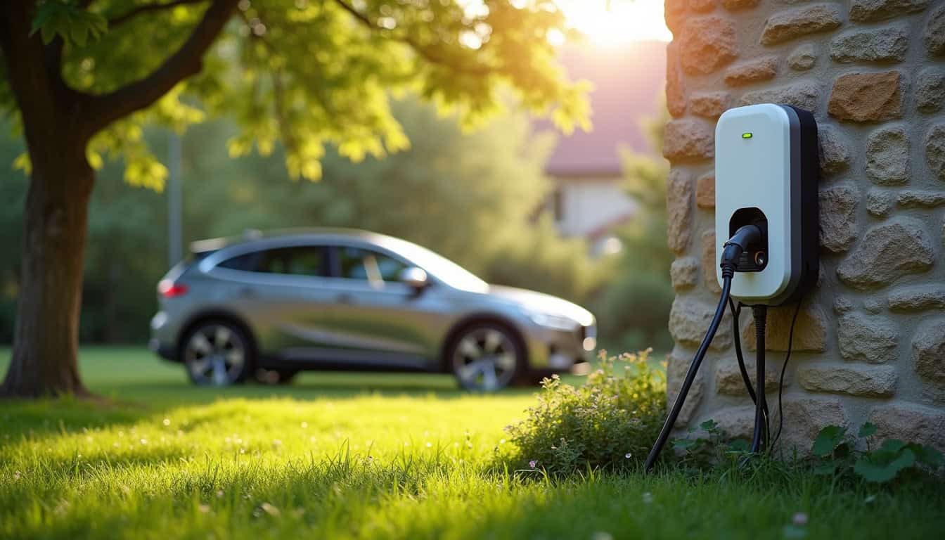 Borne de recharge électrique installée dans un jardin à Bévenais