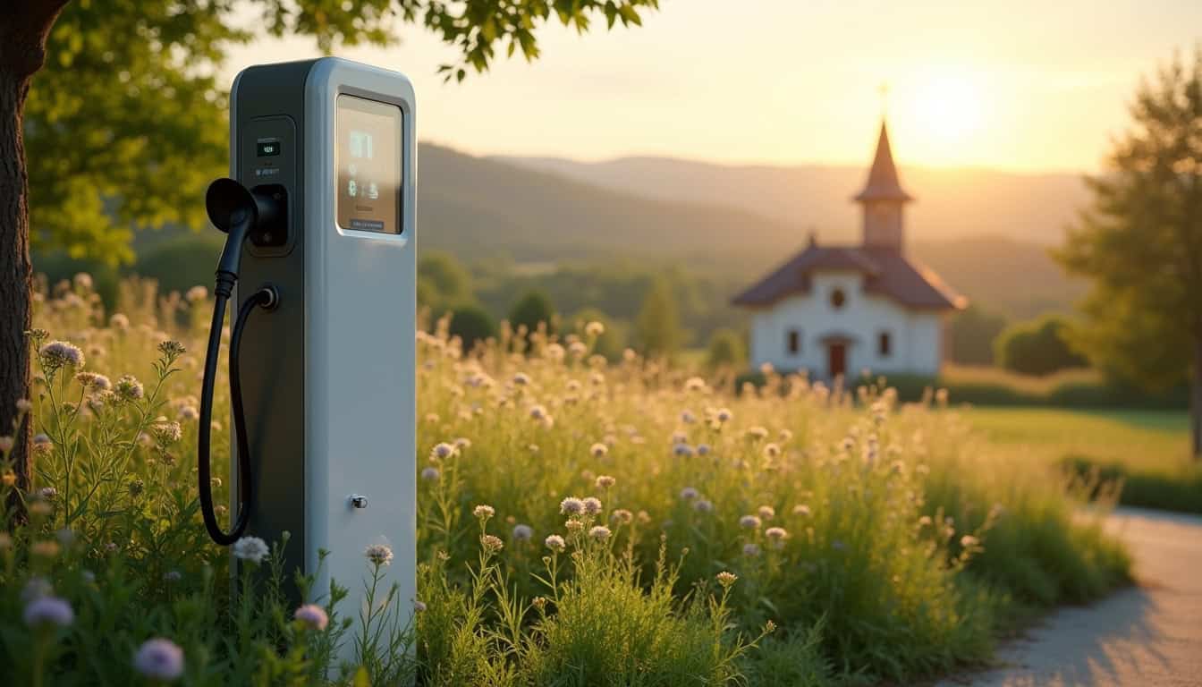 Borne de recharge électrique installée dans un jardin à Blan, en milieu rural