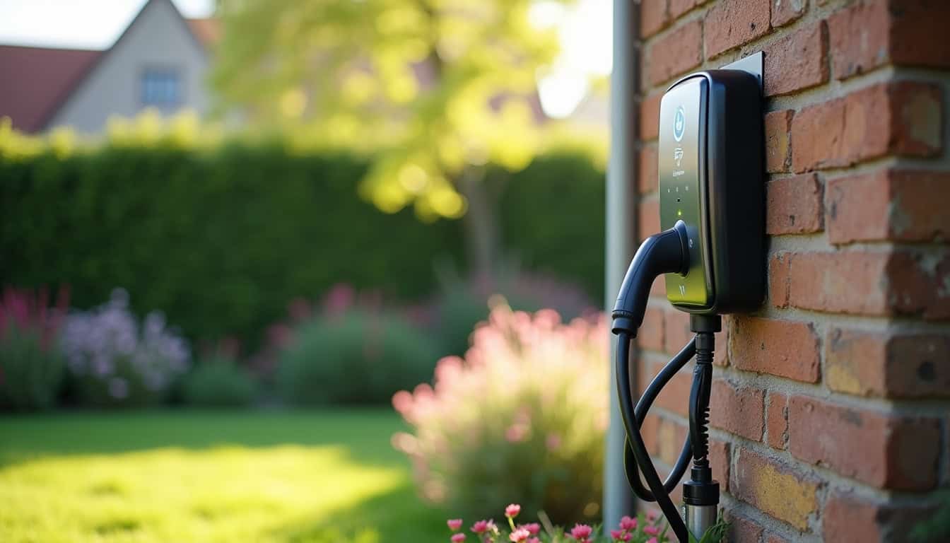 Borne de recharge électrique installée dans un jardin à Bouclans