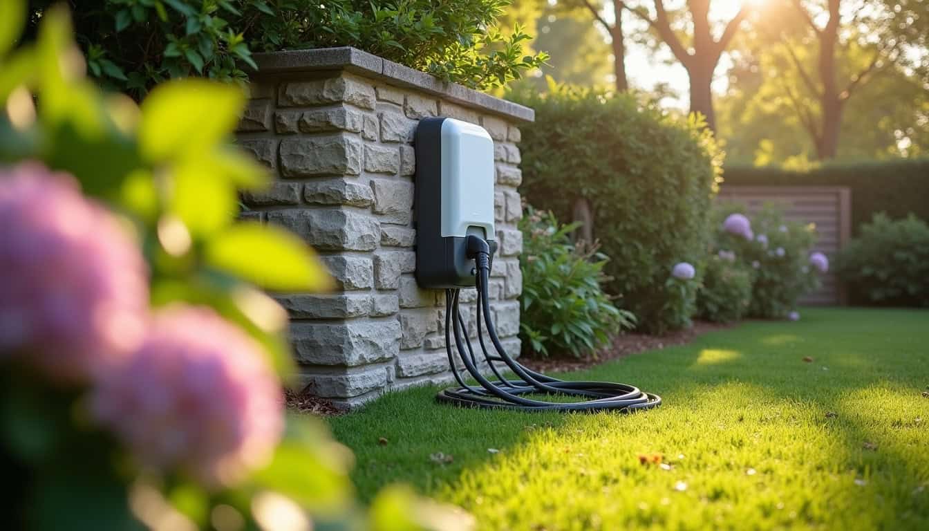 Borne de recharge électrique installée dans un jardin à Cenon-sur-Vienne