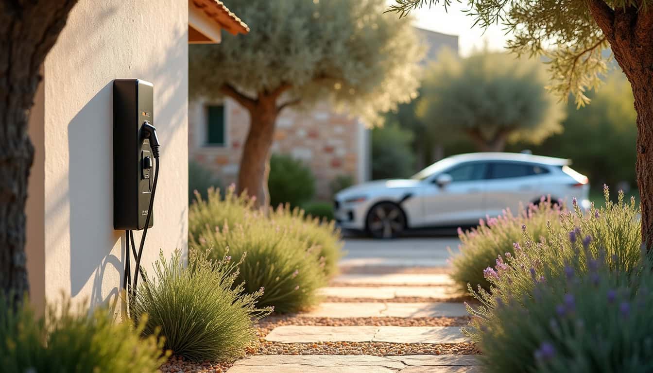 Borne de recharge électrique installée dans un jardin à Cerbère, entourée de végétation méditerranéenne