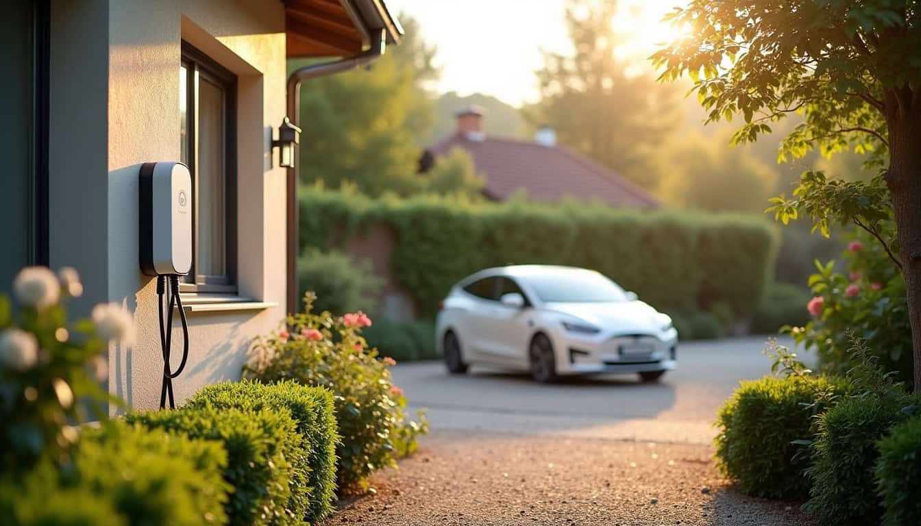 Borne de recharge électrique installée dans un jardin à Chaillevette, en extérieur, près d'un véhicule électrique garé