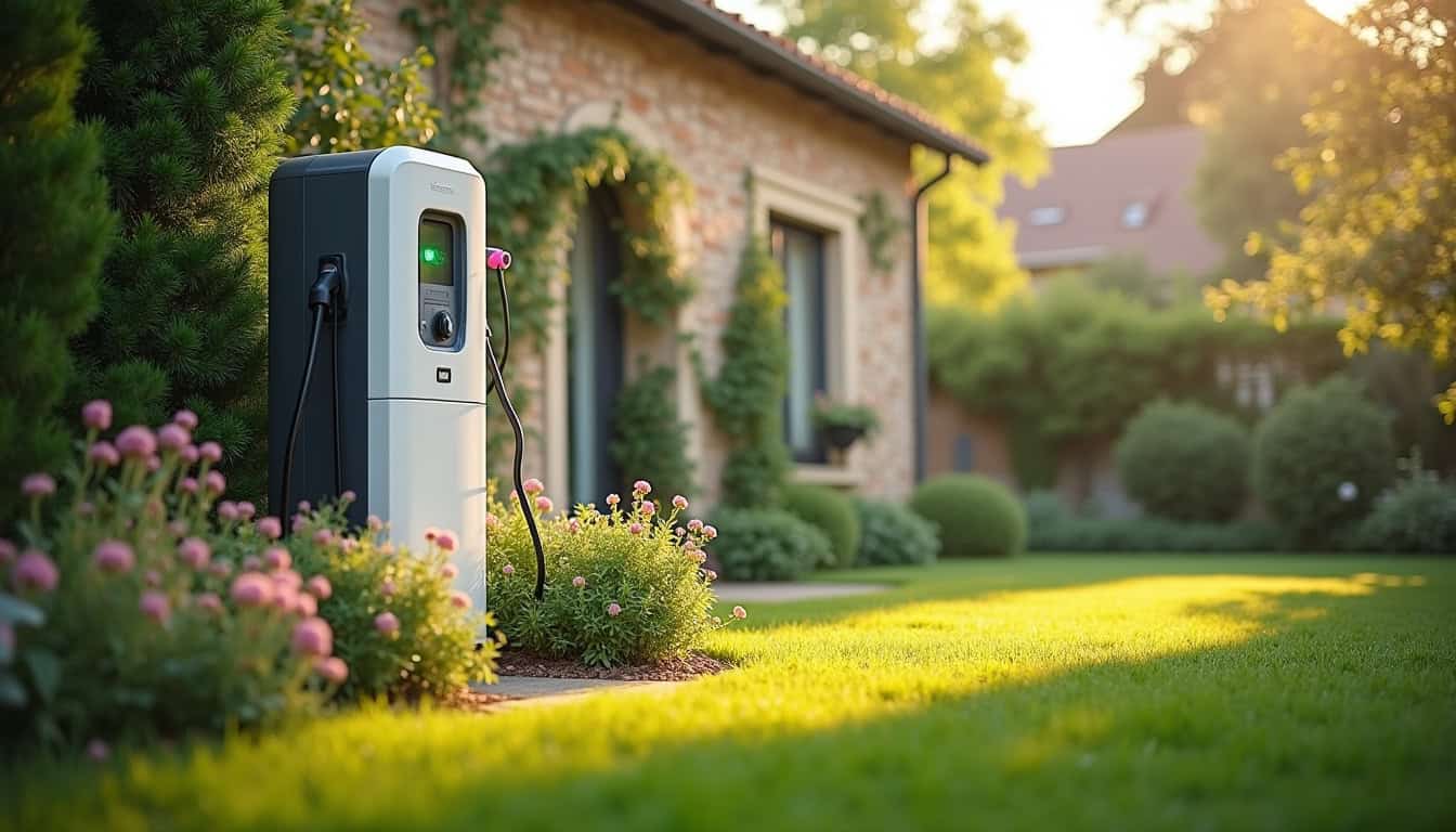 Borne de recharge électrique installée dans un jardin à Chambois