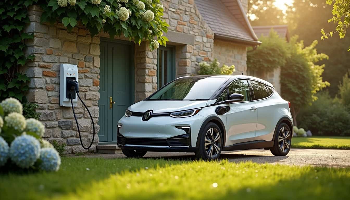 Borne de recharge électrique installée dans un jardin à Cléguérec, avec voiture en charge
