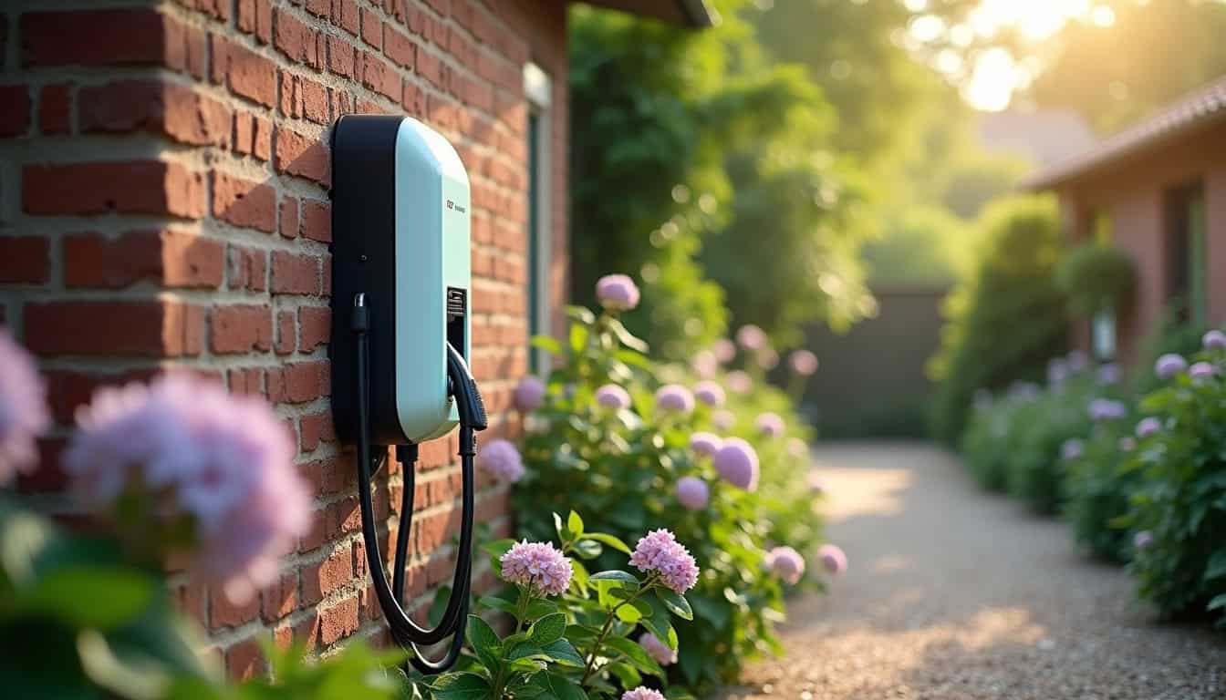 Borne de recharge électrique installée dans un jardin à Crouy-sur-Ourcq