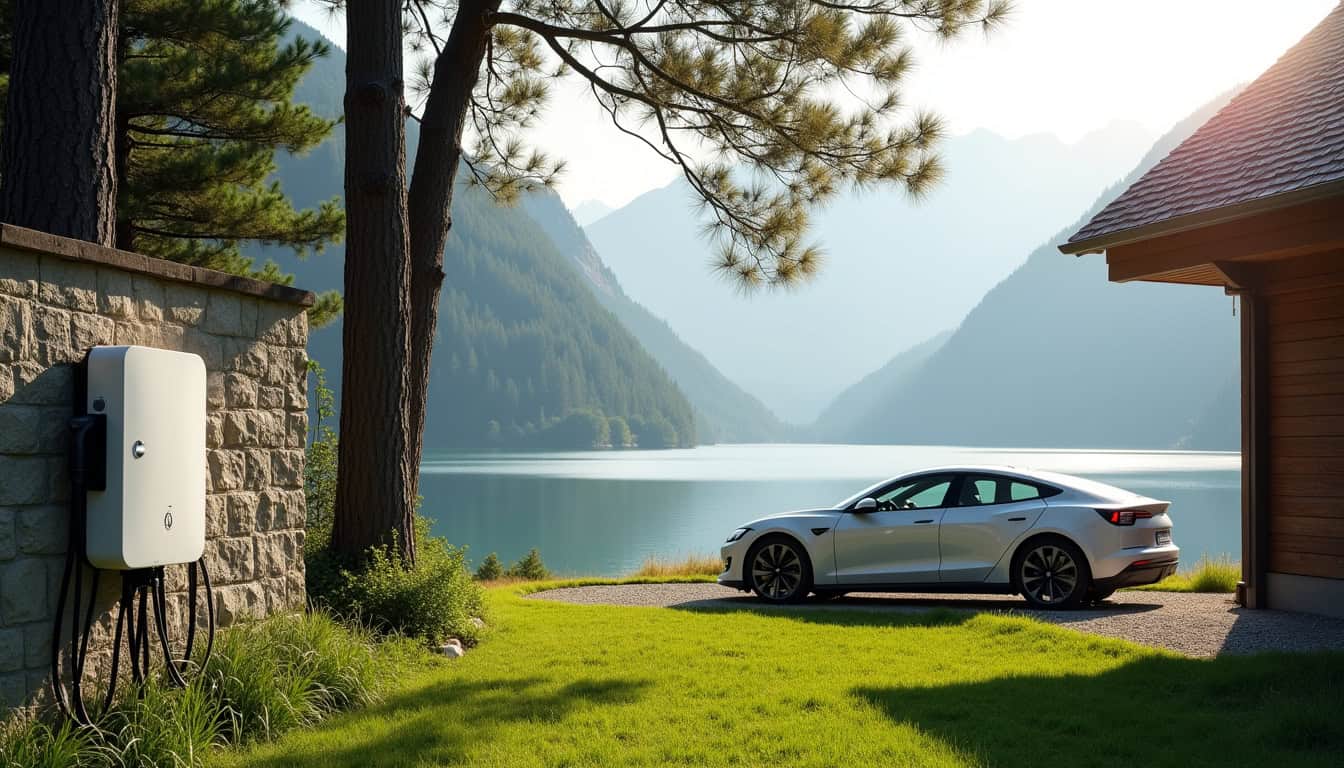 Borne de recharge électrique installée dans un jardin à Duingt, près du lac d