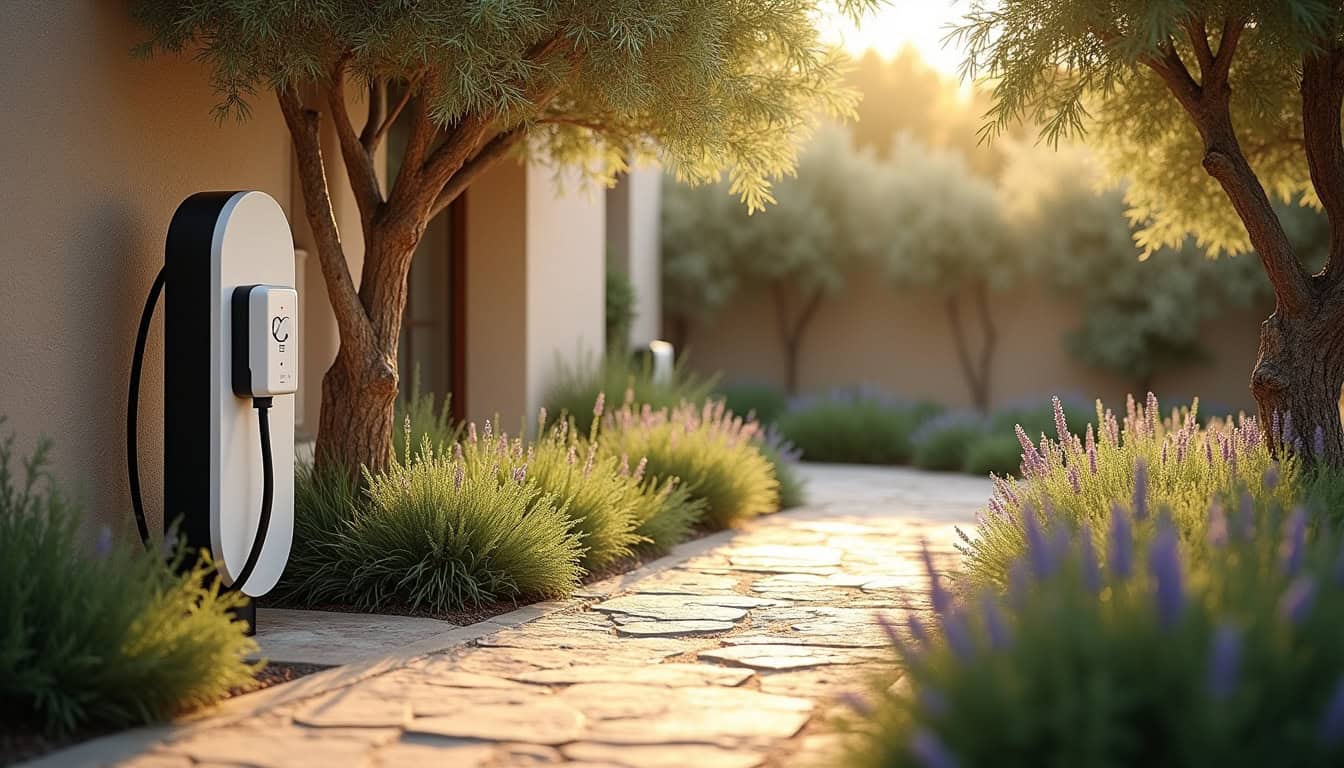 Borne de recharge électrique installée dans un jardin à Espira-de-l'Agly, entourée de végétation méditerranéenne