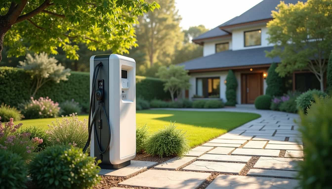 Borne de recharge électrique installée dans un jardin à Farges (01550)