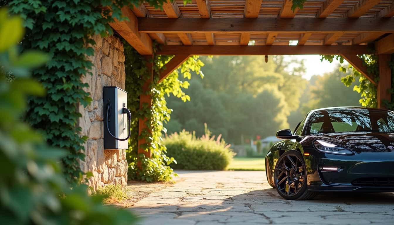 Borne de recharge électrique installée dans un jardin à Grillon, en extérieur abrité