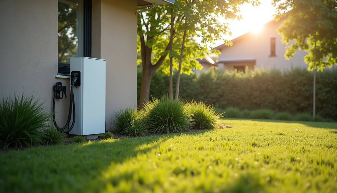 Borne de recharge électrique installée dans un jardin à La Lande-Patry, en extérieur, près d'une maison individuelle