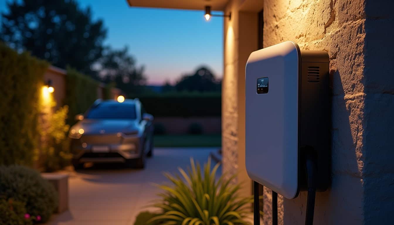 Borne de recharge électrique installée dans un jardin à Labastide-Saint-Georges en fin de journée