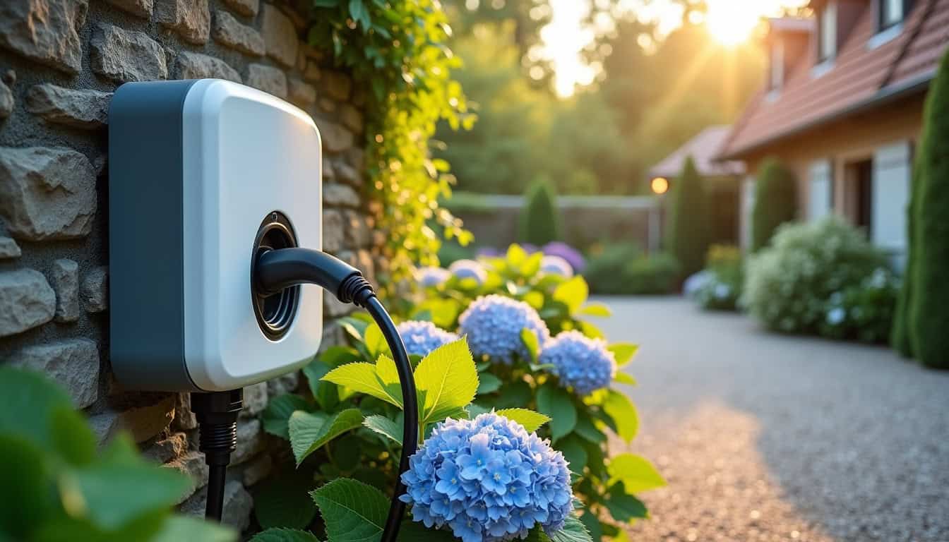 Borne de recharge électrique installée dans un jardin à Labergement-Sainte-Marie