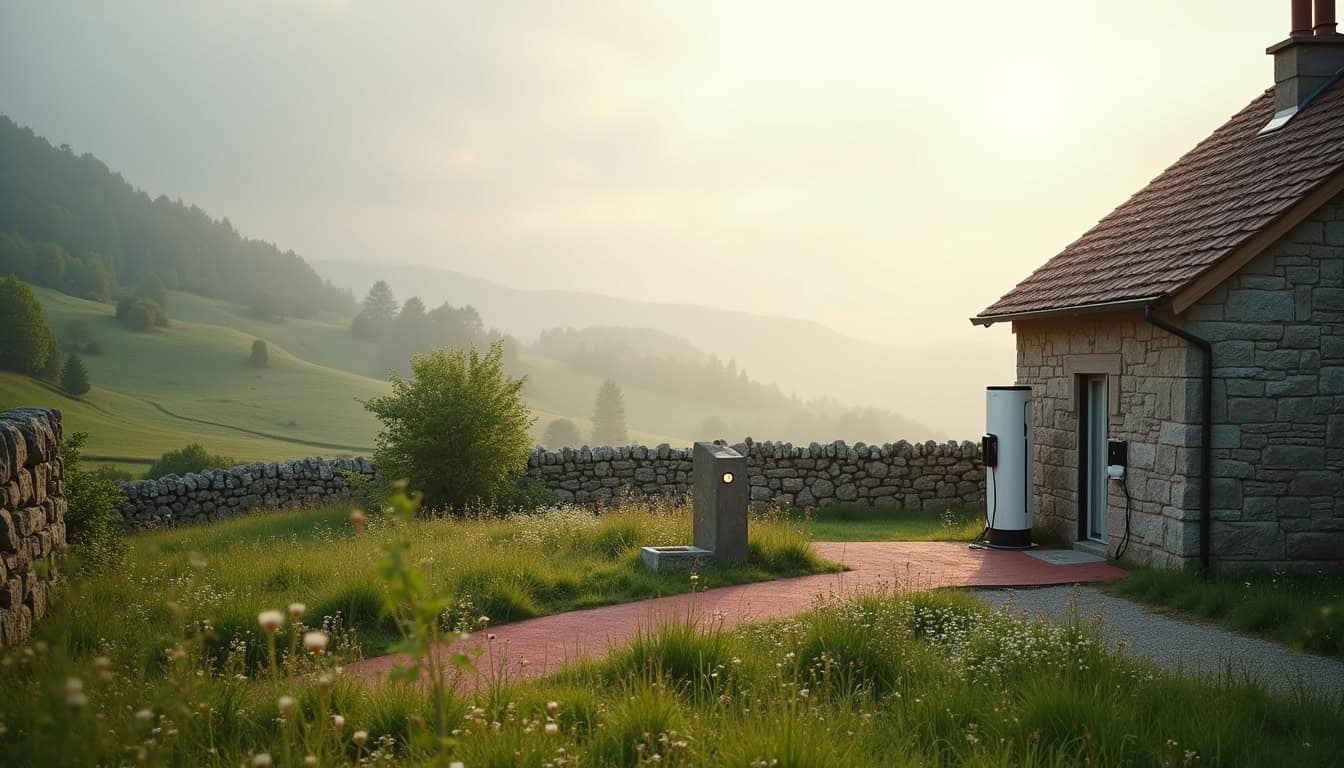 Borne de recharge électrique installée dans un jardin à Laguiole, en milieu rural