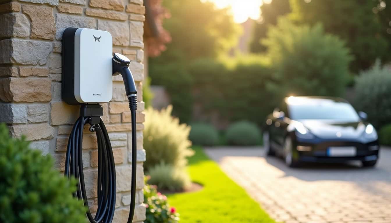 Borne de recharge électrique installée dans un jardin à Le Coudray-Montceaux