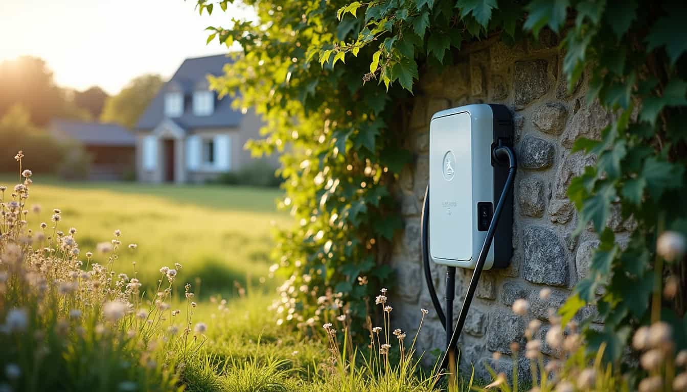 Borne de recharge électrique installée dans un jardin à Loyat, en milieu rural, avec véhicule électrique branché