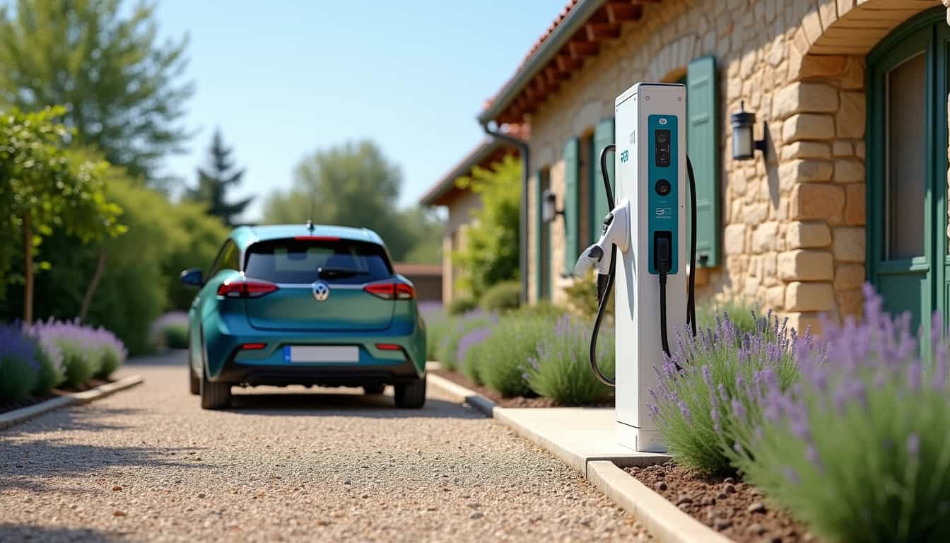 Borne de recharge électrique installée dans un jardin à Mercuès, vue de jour avec véhicule électrique à proximité