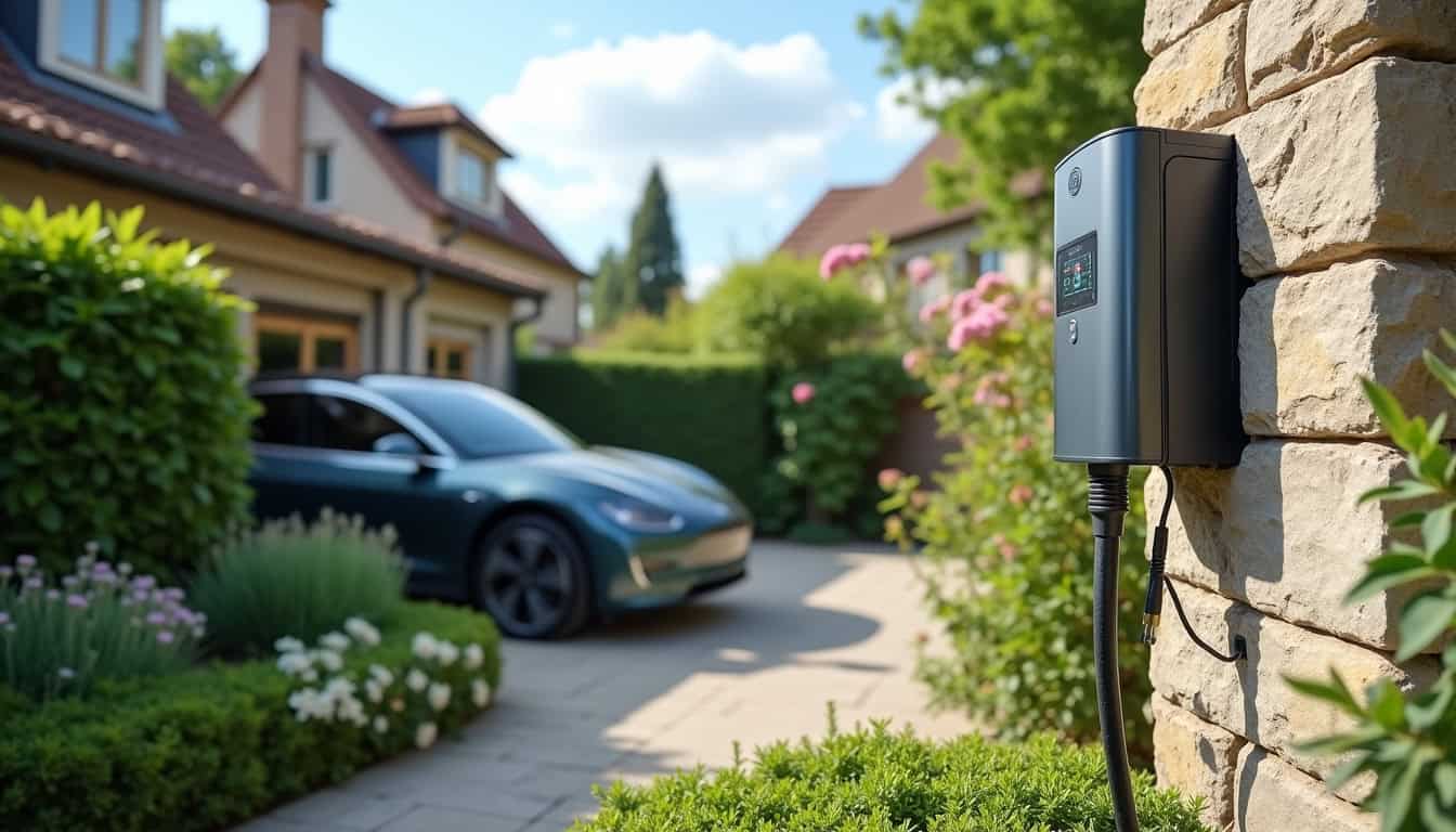 Borne de recharge électrique installée dans un jardin à Nemours, en journée