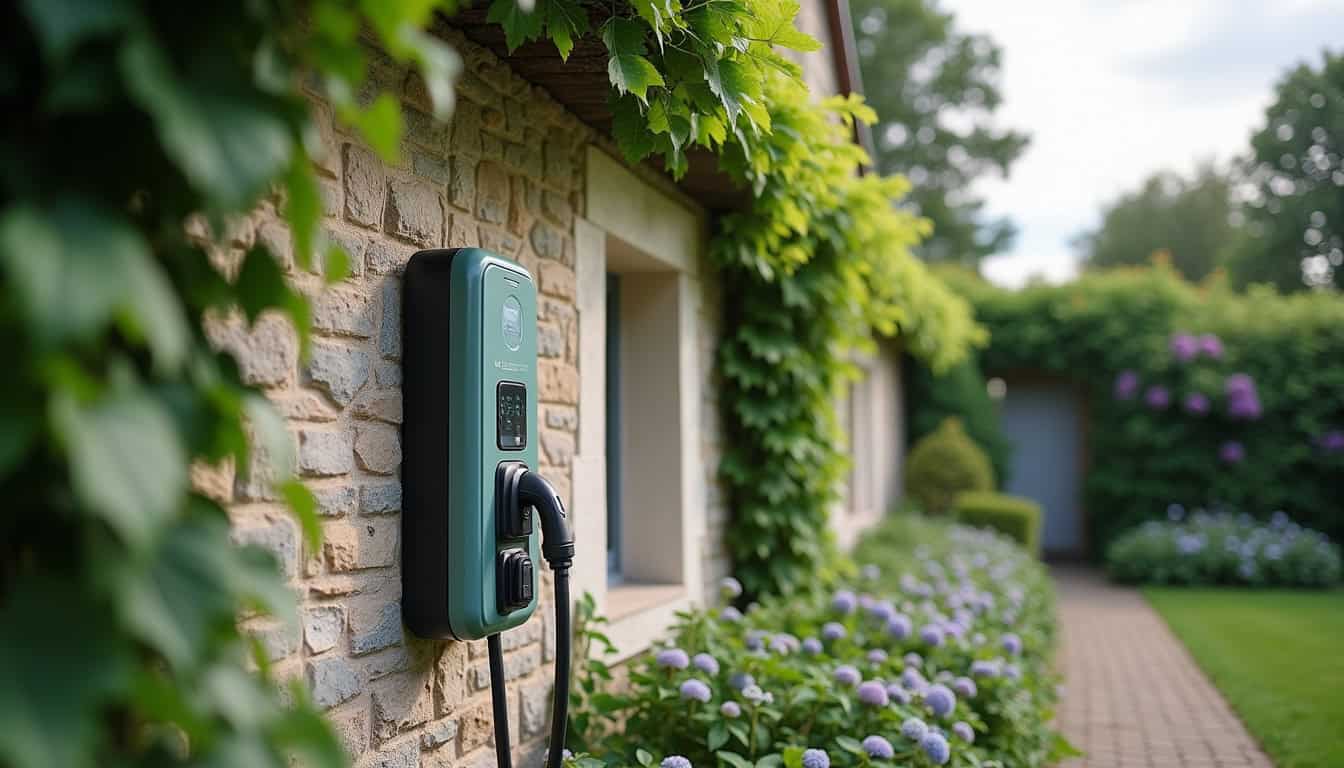 Borne de recharge électrique installée dans un jardin à Remilly Les Marais, en extérieur et protégée des intempéries