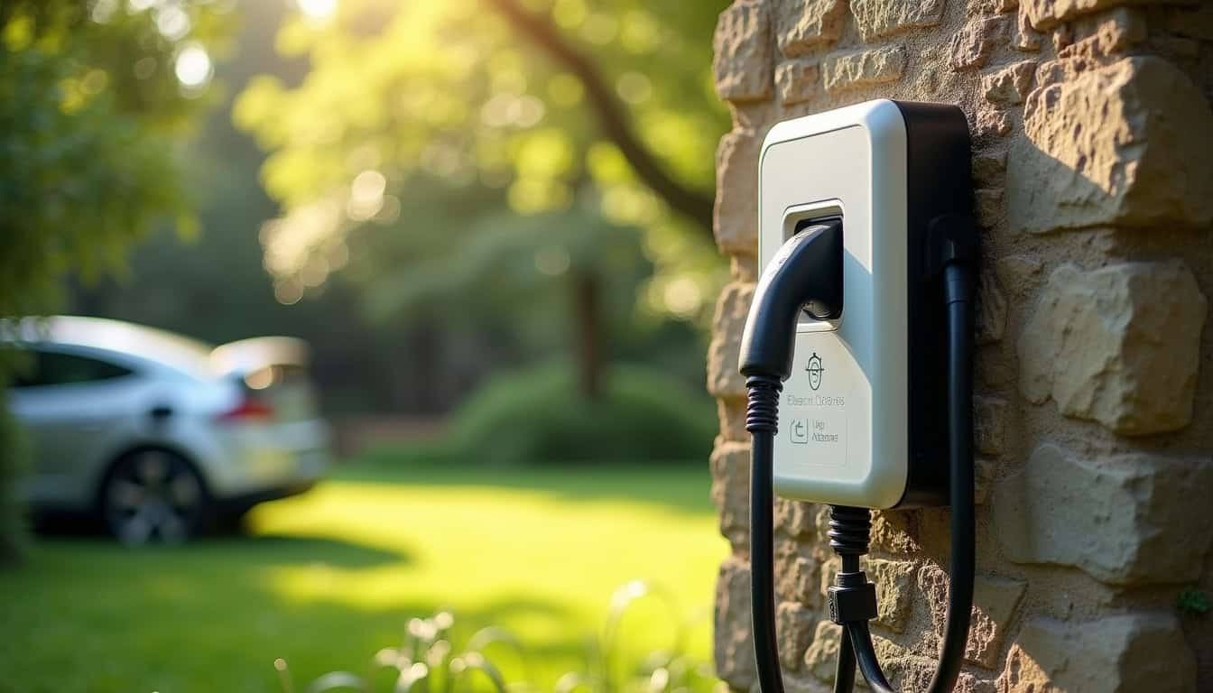 Borne de recharge électrique installée dans un jardin à Saint-Brice-sur-Vienne près d