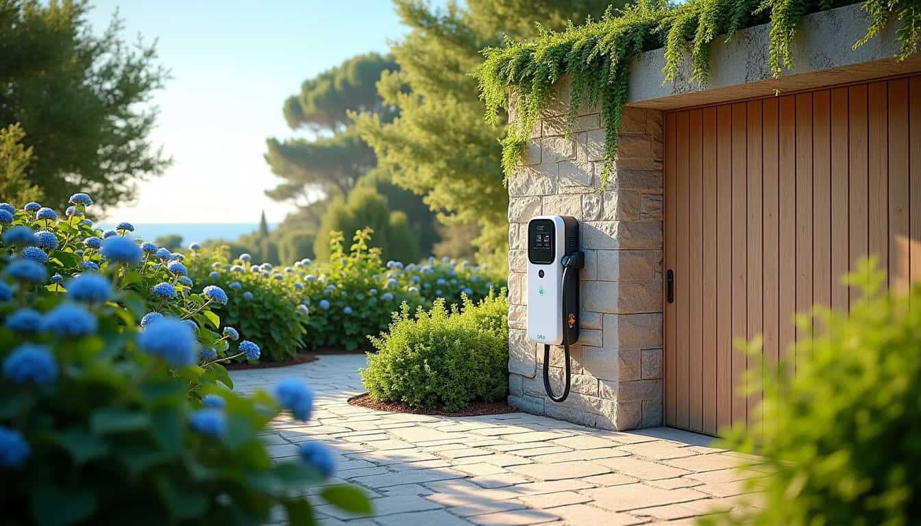 Borne de recharge électrique installée dans un jardin à Saint-Georges-d'Oléron