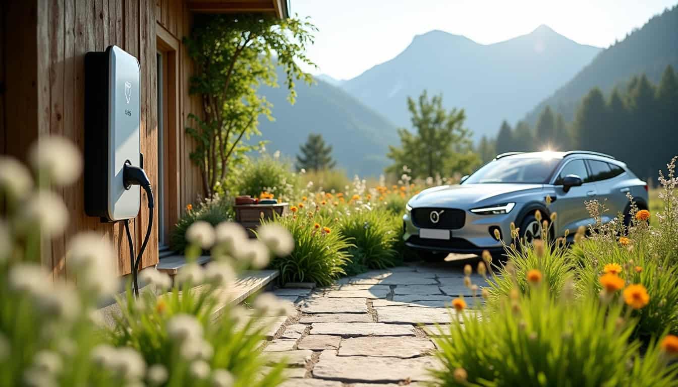 Borne de recharge électrique installée dans un jardin à Saint-Jean-de-Sixt