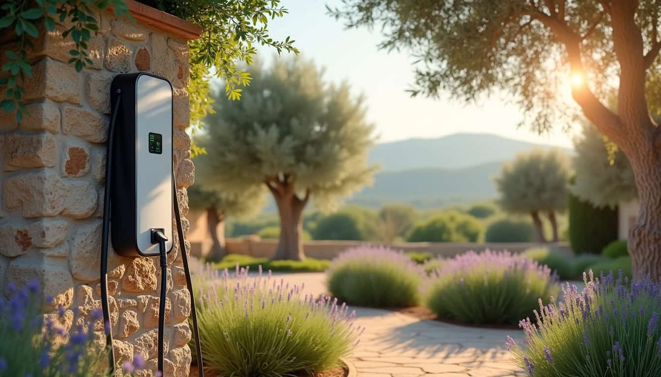 Borne de recharge électrique installée dans un jardin à Saint-Vallier-de-Thiey