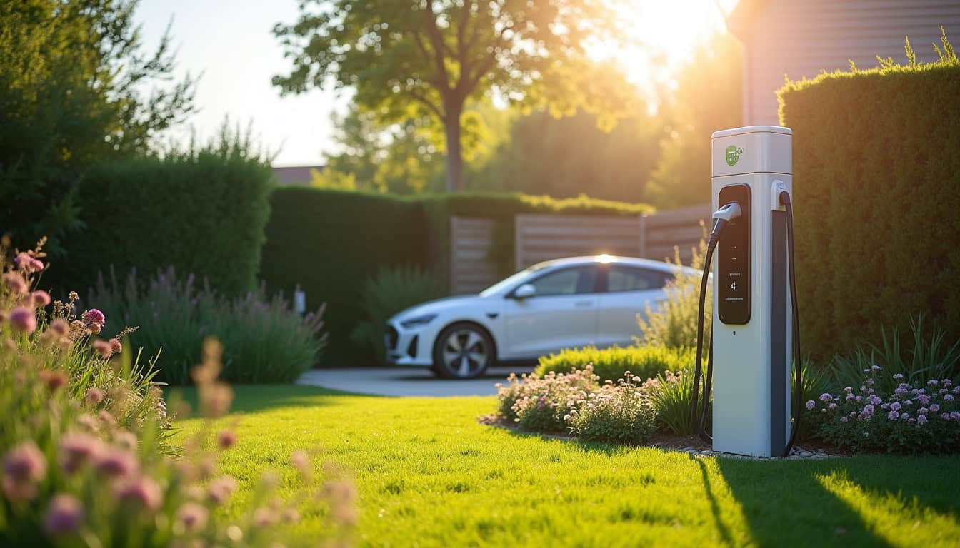 Borne de recharge électrique installée dans un jardin de maison à Cires-lès-Mello