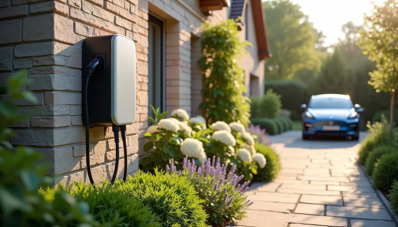 Borne de recharge électrique installée dans un jardin de maison à Sainte-Maure-de-Touraine
