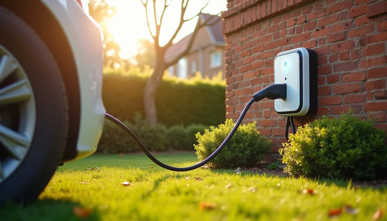 Borne de recharge électrique installée dans un jardin de maison à Villers-en-Cauchies